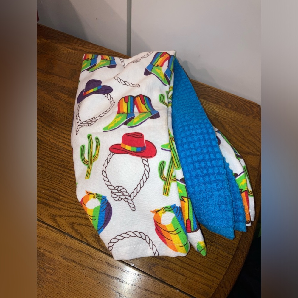 Kitchen Towel Set - 3, Rainbow Cow Girl - NWT - Picture 3 of 3